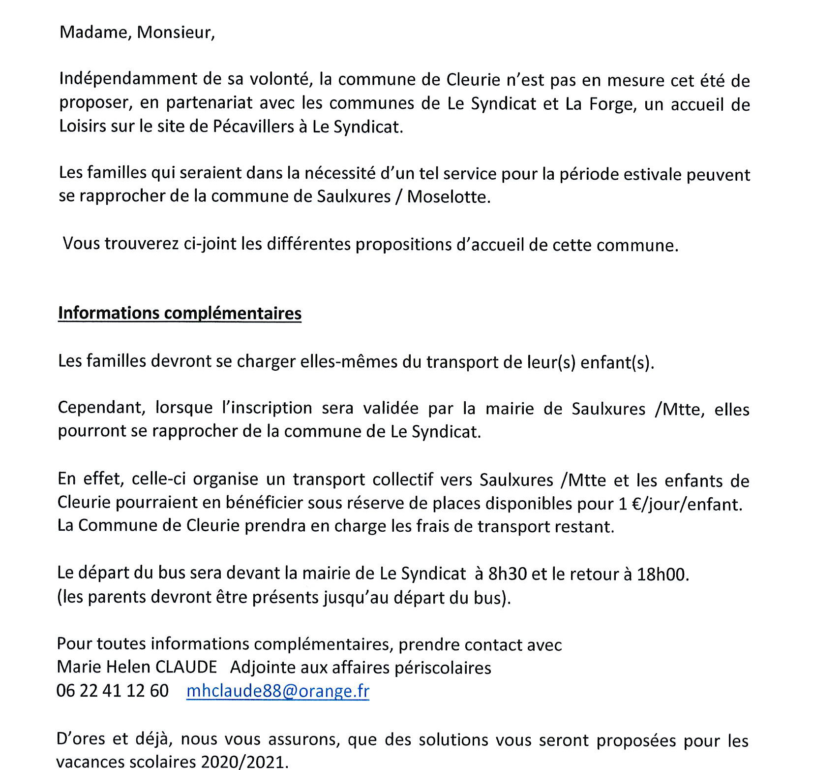 lettre info accueil de loisirs 2020